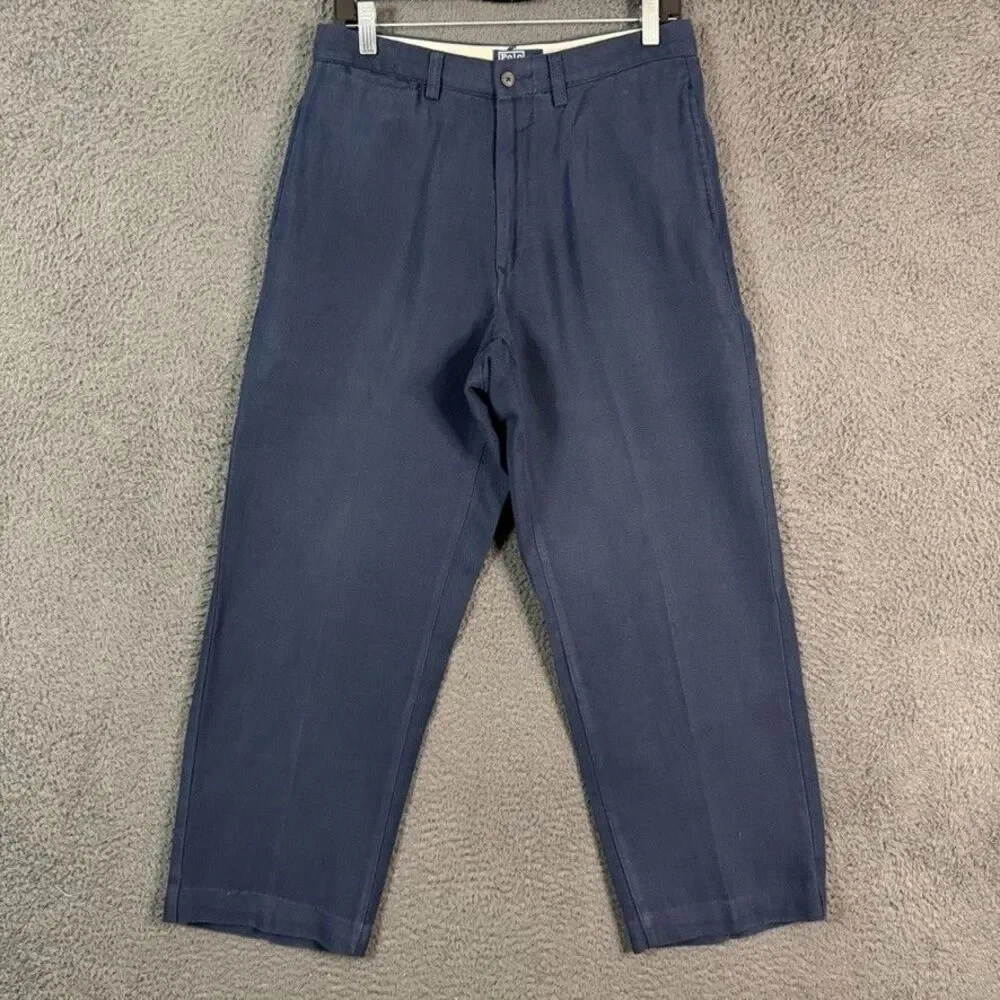 Vtg Polo Ralph Lauren Pants Mens 28x28 Blue Classic Fit Wide Leg Chino Made USA